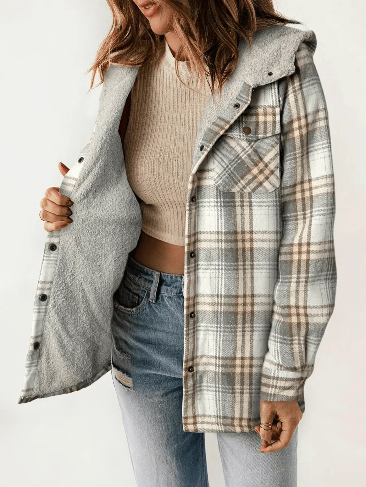 MONA Plaid Hooded Fleece Coat